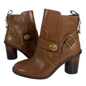 COACH 1941 Women Brown Leather Moto Booties Turnlock Buckles Stacked Heels NWOB